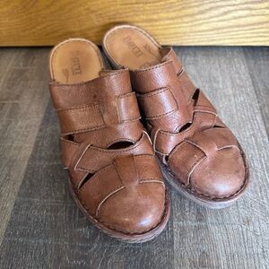 Born Brown Leather Mules with Woven Straps